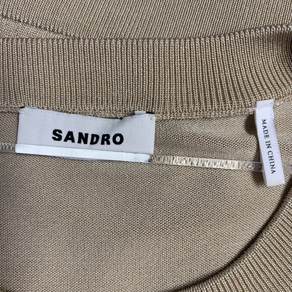 SANDRO Size L Beige Knit Acetate Blend Crew Neck T-shirt - Picture 6 of 7